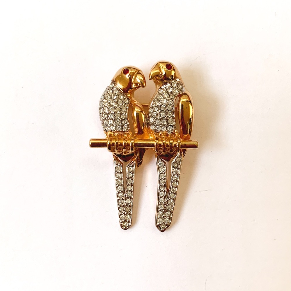 vintage Keyes golden parrots pave white crystals red jewel eyes brooch signed